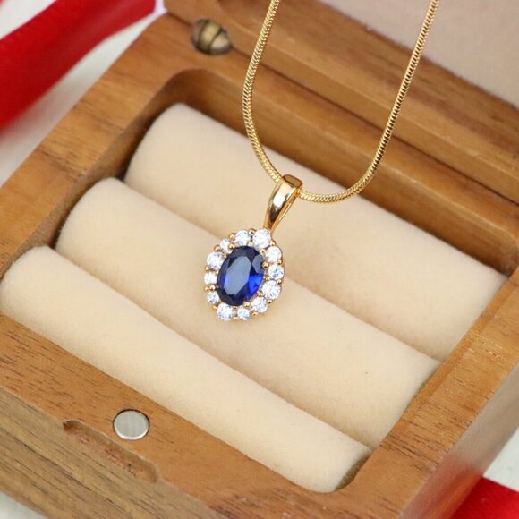 "Royal Blue Oval Pendant with Halo in Gold-Plated Brass Setting, XPPT1815 - Picture 4 of 13